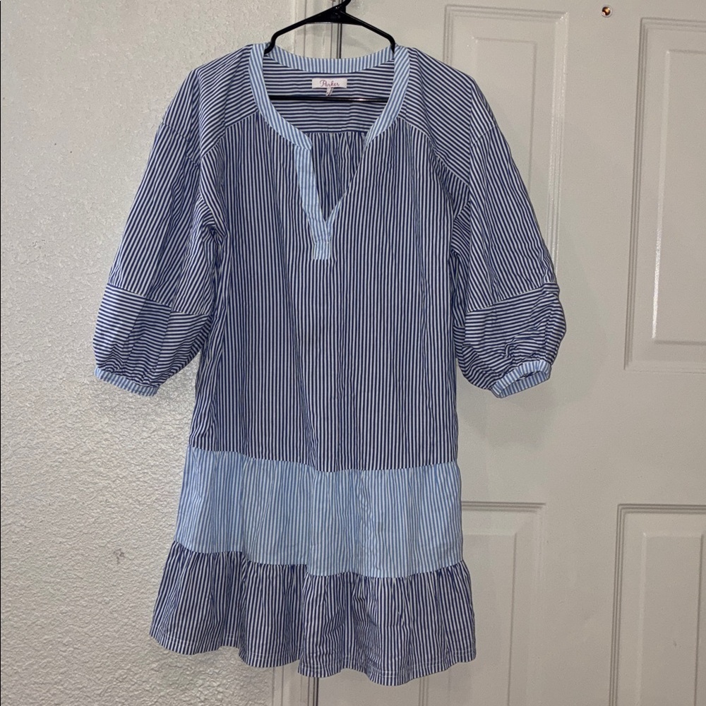 Parker Jenna Blue White Striped Shirt Dress Tie Belt Ruffle Sz M - Picture 2 of 3